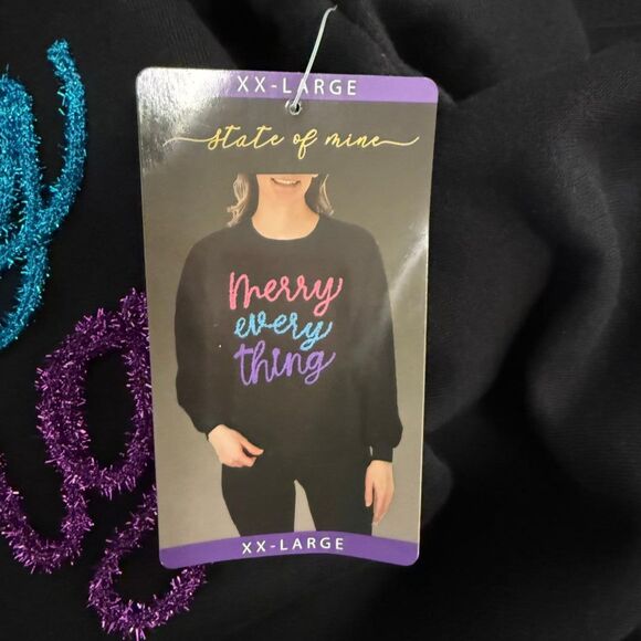 State of Mine Sparkle Christmas Merry Everything Sweatshirt Black, NWT Size XXL - Picture 5 of 7